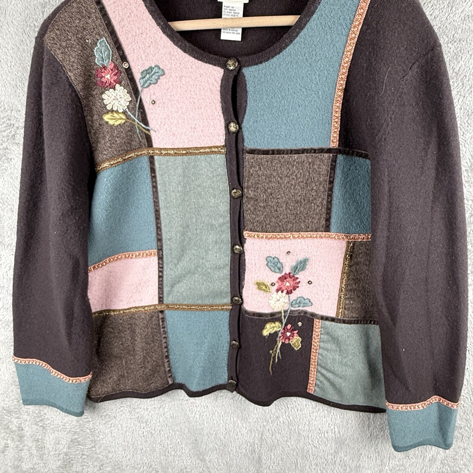 Koret Patchwork Wool Cardigan Size L Sequin Cotta… - image 4