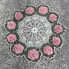 Vintage Hand Crochet Doily 3D Floral Rose Lace Centerpiece Table Decor 13 Inch