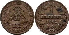 Nassau 1 Kreuzer 1862 Adolph 1839-1866 Copper 4.4g Original Coin #IPL278