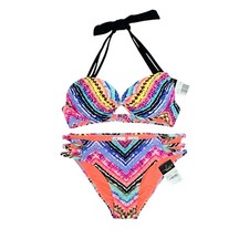 NWT California Waves XS Bikini Set Push Up Padded Halter Bra Top Strappy Bottoms