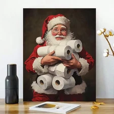 Santa Claus with Toilet Paper Rolls Canvas Print, Fantasy Art Humorous Christmas