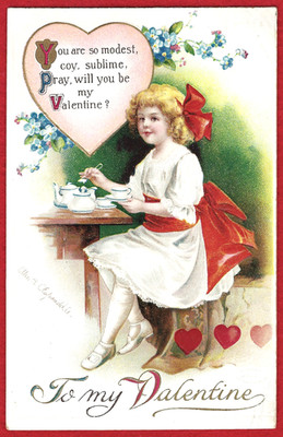 Vtg Clapsaddle Valentine Young Girl Tea Set White Dress Red Bow A/S Emb PC c1912