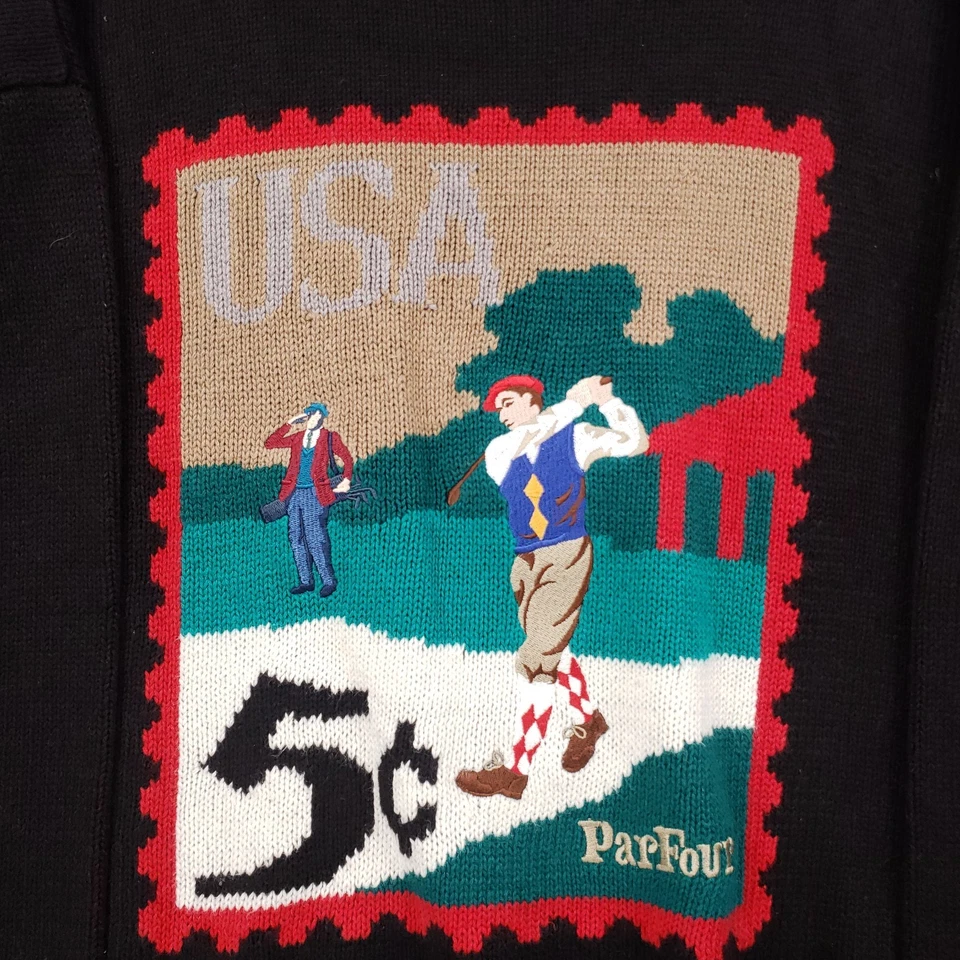 Suéter DE COLECCIÓN Par Cuatro Para Hombres Grande Negro Golf Abuelo Bordado Cuello Redondo Años 90 Foto 3 de 4