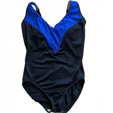 Longitude Women  s One Piece Vintage V-Neck Swimsuit size 14 Black/Blue EUC