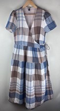 Universal Thread Blue Brown Plaid Midi Wrap Dress Sz M Country Western Trad Wife