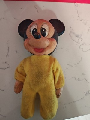 Vintage 1984 ARCO Disney Baby Mickey Mouse poseable doll in yellow pajamas