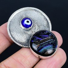 Entrancing Dichroic Glass, Evil Eye 925 Sterling Silver Pendant 1.93"
