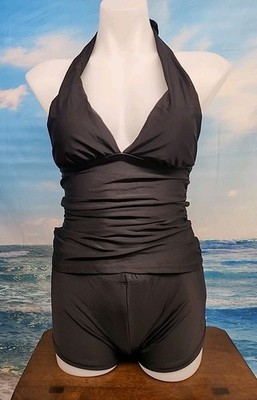 NWT Cupshe Womens Two Piece Tankini Size Medium Solid Black Color Halter .