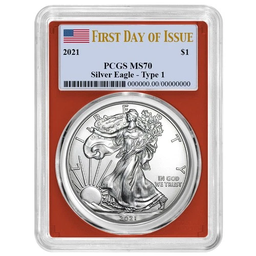 2021 $1 1-oz T-1 American Silver Eagle PCGS MS70 FDOI Flag Label Red Frame