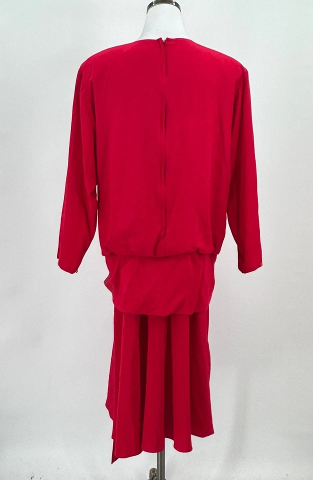 Vestido Blusa Argenti Vintage Rojo Seda Bordado Corbata Cintura Manga Larga Talla 14 Foto 4 de 4