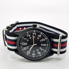 Men's Military Field Watch 42MM Black Case Black Dial Multicolor Canvas Band
