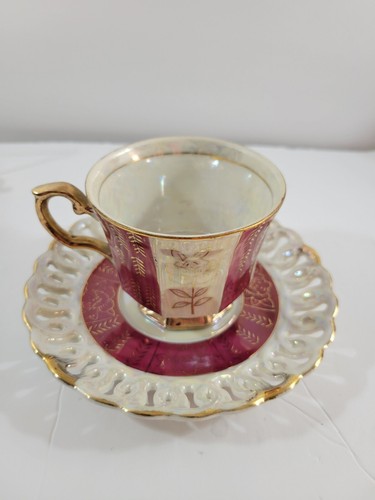 Vintage Tea Cup & Saucer Set Pearl Luster Ruby Red & Gold Reticulated Japan - Picture 4 of 8