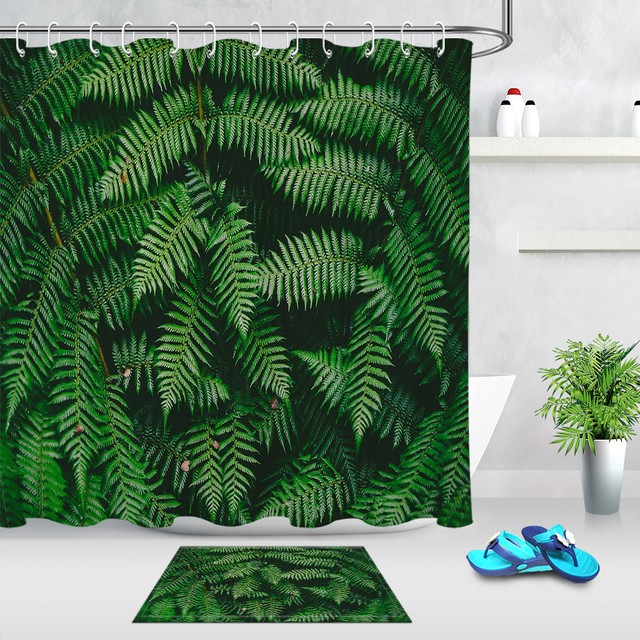 Waterproof Fabric Dark Green Fern Leaves Shower Curtain Liner Bathroom