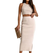 Women's two-piece spring/summer midi tight knit side slit sleeveless dress