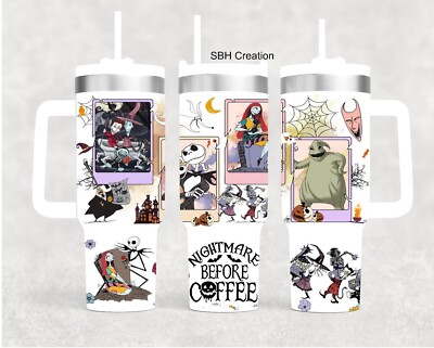 40 oz Nightmare before Coffee insulated Tumbler with sliding lid and straw