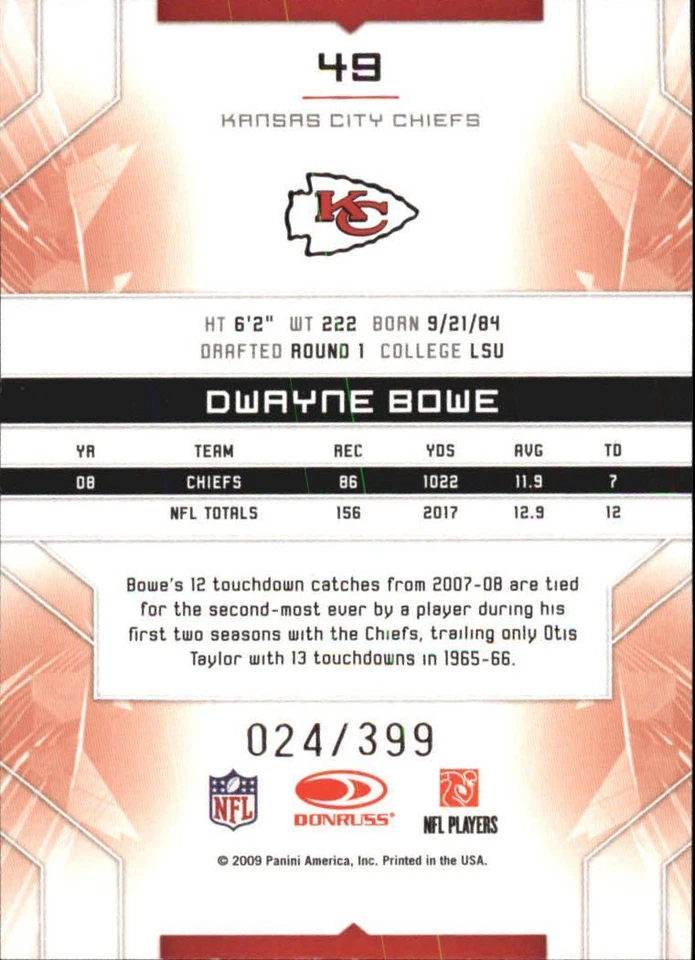 2009 Limited #49 Dwayne Bowe Card /399   - Image 2 of 2