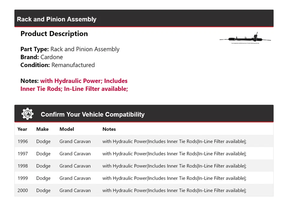 For 1996-2000 Dodge Grand Caravan Rack and Pinion Assembly Cardone 1997 1998 - Image 2 of 4