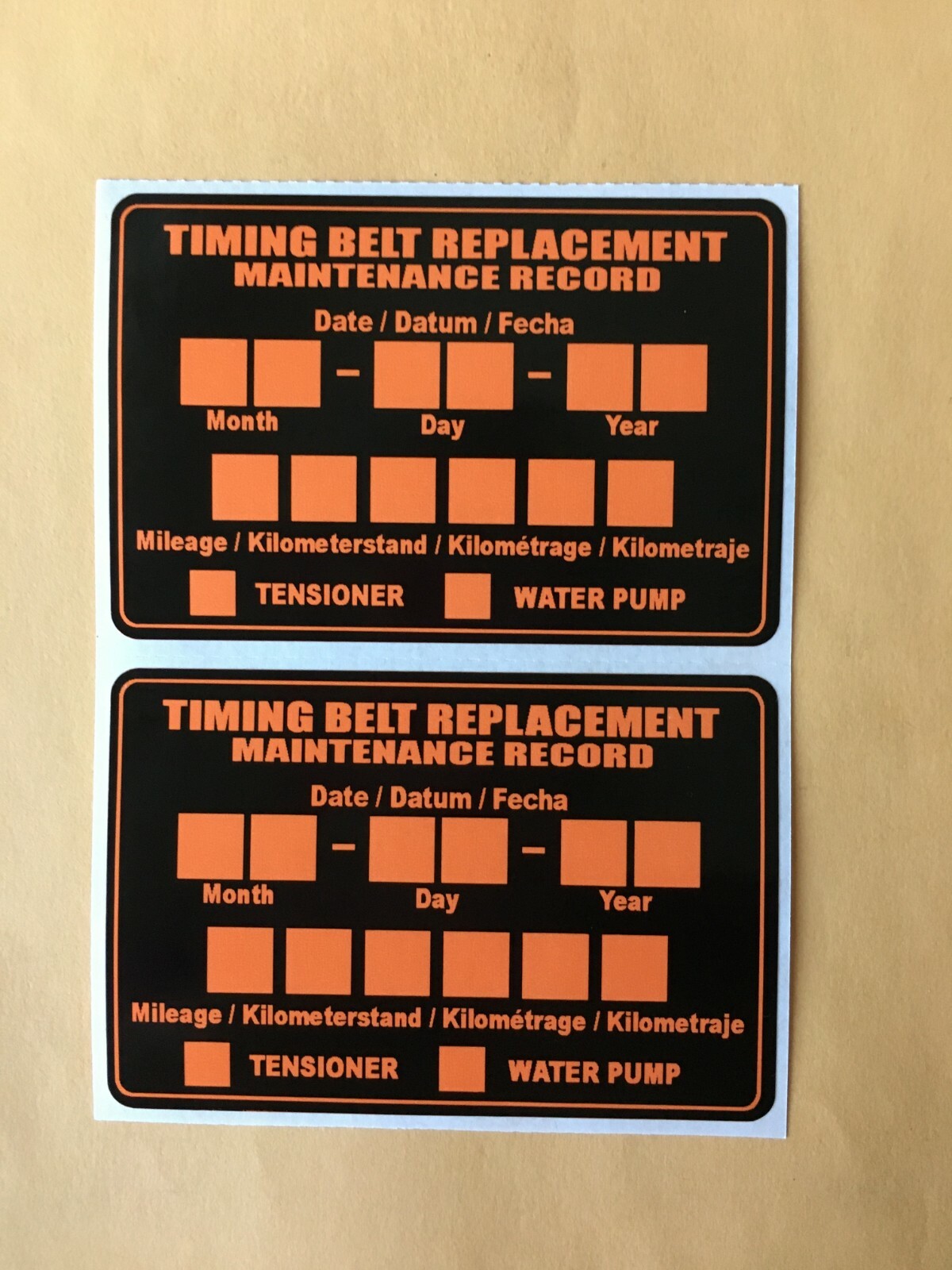 (Qty 5) TIMING BELT STICKERS REPLACEMENT GLOSS POLYESTER LABELS 3" X 2