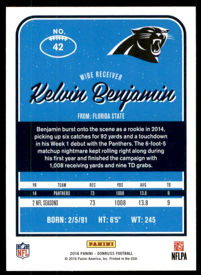 2016 Donruss Kelvin Benjamin Carolina Panthers #42 - Image 2 of 2