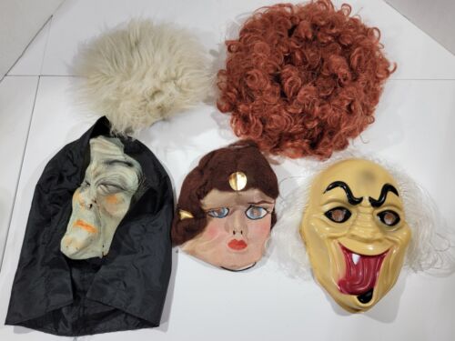 Vintage Halloween Maske Perücke Lot Stoff Flapper Mädchen Gummi Kapuze alte Dame Hexe - Bild 2 von 22