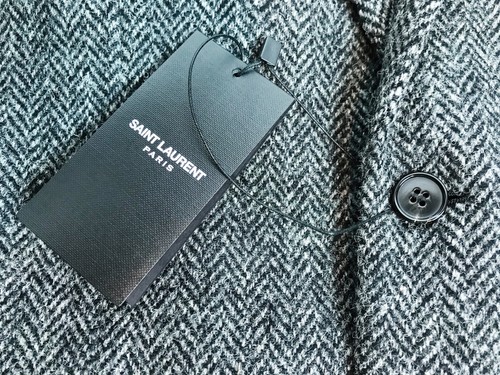SAINT LAURENT PARIS Grey Leather Elbow Herringbone Wool Tweed Blazer New 52 54 - Picture 7 of 10