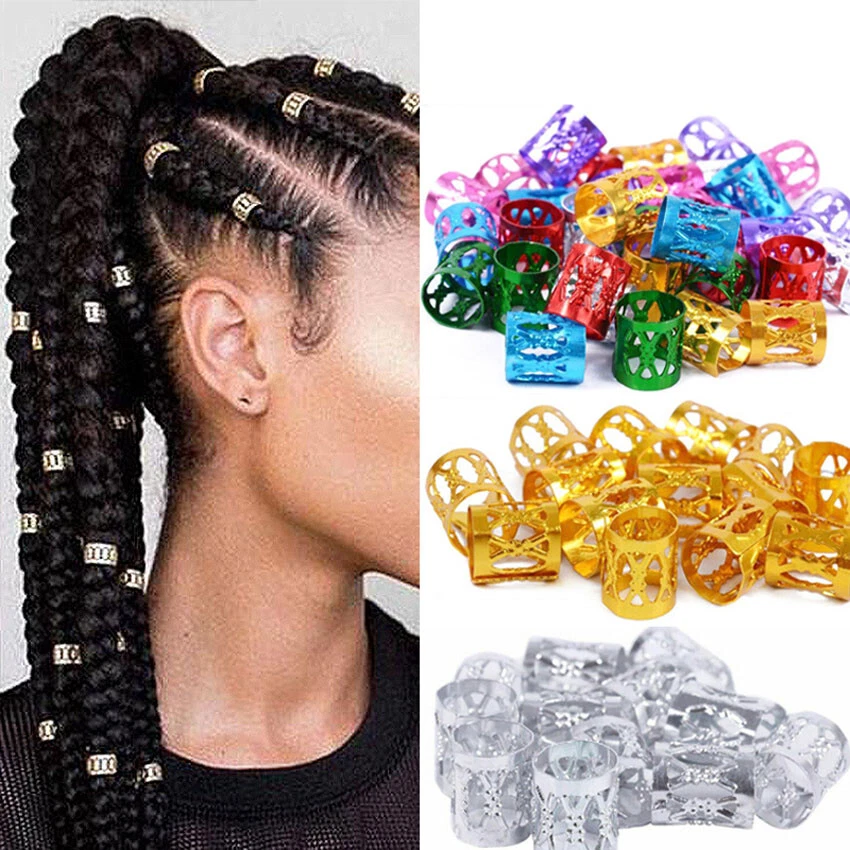 Flosius 100 Pcs Iron Dreadlock Beads Metal Hair Jewelry for Women Braids Gold Hair Accessories Silver Hair Rings Adjustable Cuffs Braiding Hair