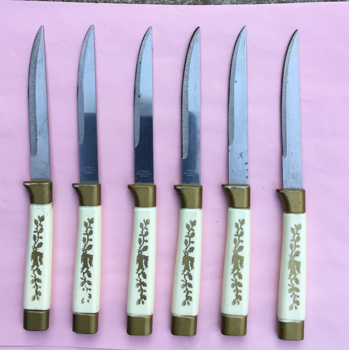 6 Vtg.KORIUM  Stainless Steel Steak Knives Ivory & Gold Christmas Theme- Germany