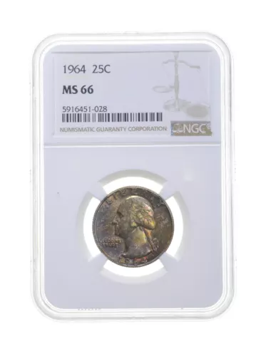 MS66 1964 Washington Quarter - Graded NGC Rainbow Toned *4390