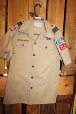 Boy Scouts of America BSA Youth Shirt Large Tan Sewn on patches