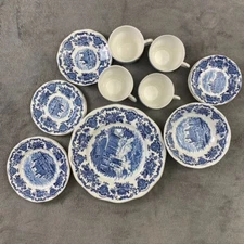 Royal Homes of Britain Blue Dinnerware Plate Cup Bowl Set by Enoch Wedgwood  VTG