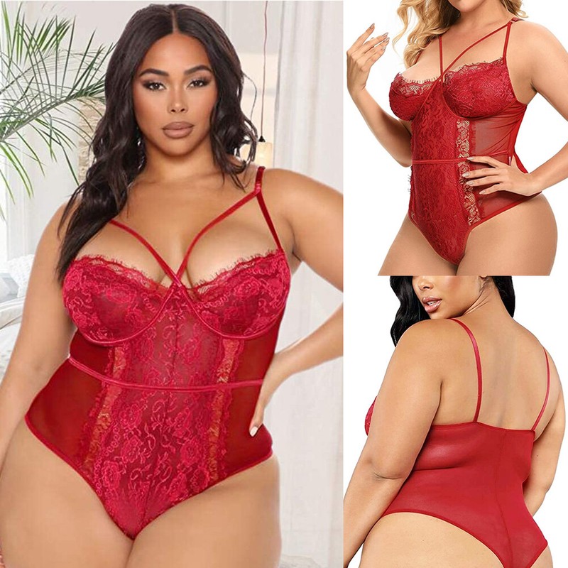 Red Plus Size Women See Through Sexy Lingerie One Piece Lace Bodysuit XXL