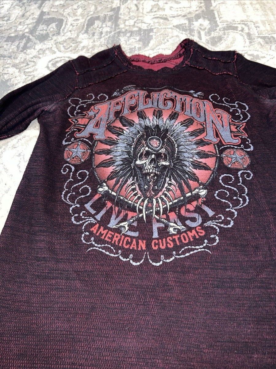 Affliction MENS Sz Small Reversible Red Black Long Sleeve Graphic