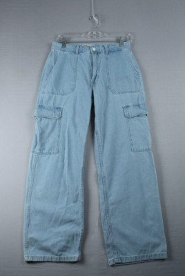 Bershka Denim Womens Cargo Jeans Wide Leg Size 4 Pockets Light Wash Summer Wear