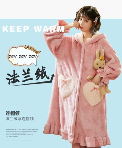 Mädchen Hase Kaninchen lange Ohren Nachthemd warm Flanell Kapuze dick Nachtwäsche PJ's - Bild 21 von 40
