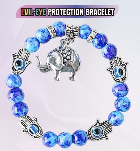 EVIL EYE BRACELET Elephant And hands 8mm Glass Bead Stretch Good Luck Protection - Picture 1 of 2