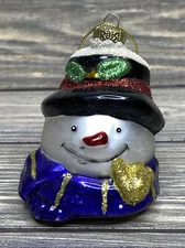 Vintage Christmas Tree Ornament Glass Snowman Head Blue Gold Scarf Gold Pipe 3.5