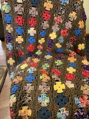 Lap Afghan Blanket Granny Square Strips Multi Color Spring Colors 50''x32''