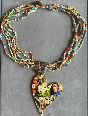 Artisan Signed Frida Kahlo Collage Heart Pendant Necklace