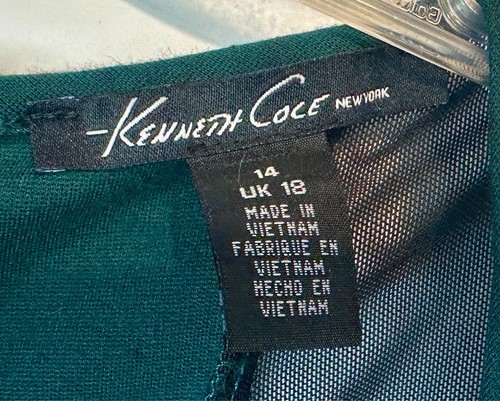 KENNETH COLE Dark Forest Green Black Sheer Sleeve Stretch Career Work Dress 14 L - Picture 2 of 5