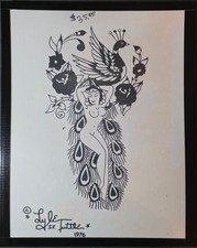 1976 Lyle Tuttle Traditional Vintage Tattoo Flash Production Sheet Peacock, Girl