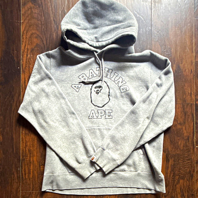A Bathing Ape Gray Pullover Hoodie XL Cotton Fleece Logo Graphic Drawstring