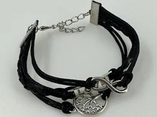 Tree of LIfe Black Corded Silver Tone Charm Bracelet Womens 7-9 Inch