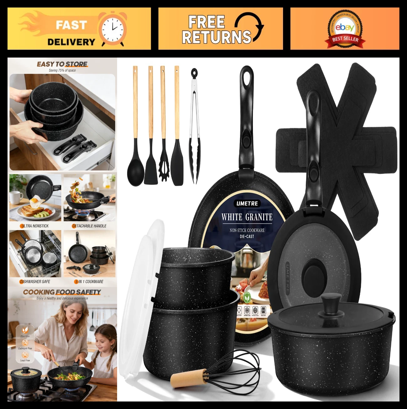 Nonstick Cookware Set with Detachable Handle, Induction & Oven Safe, 21 PCS