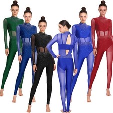 Women Dancewear Cutout Jumpsuit Mesh Bodysuit Practice Unitard Patchwork Dance