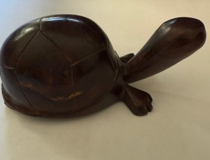 Hand Carved Dark Wood Turtle Figurine 4 Inch Solid Decorative Folk Art Sculpture