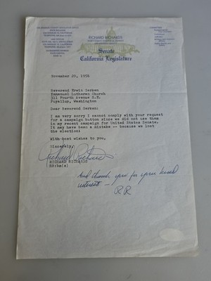 Richard B Richards Signed Letter California Senator Lost Election 1956 JSA Cert