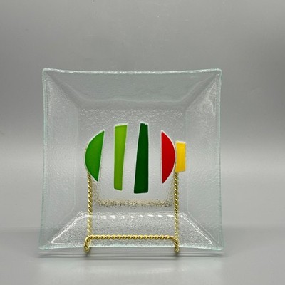 Fused Art Glass  5.75'' Square Trinket Dish Plate MCM Abstract Colorful
