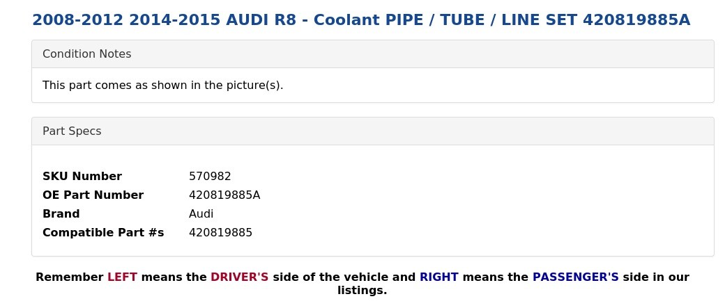 Audi R8 2008-2012 Coolant pipe P/N 420819885A