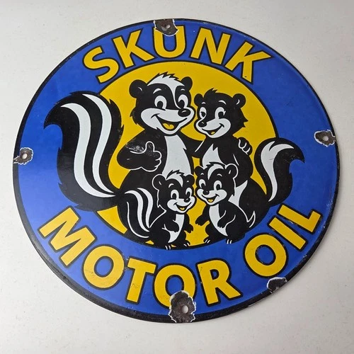 Vintage Skunk Motor Oil Sign - Porcelain Service Station Gas Pump Plate Sign