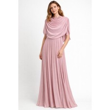 Vintage Blush Pink Pleated Maxi Dress Draped Cowl Neck High Lace Collar Size M